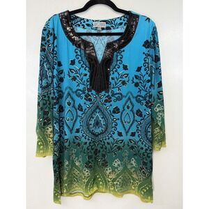 JM Collection Bold Ombré Tunic W/black Sequined Neckline‎ Size L